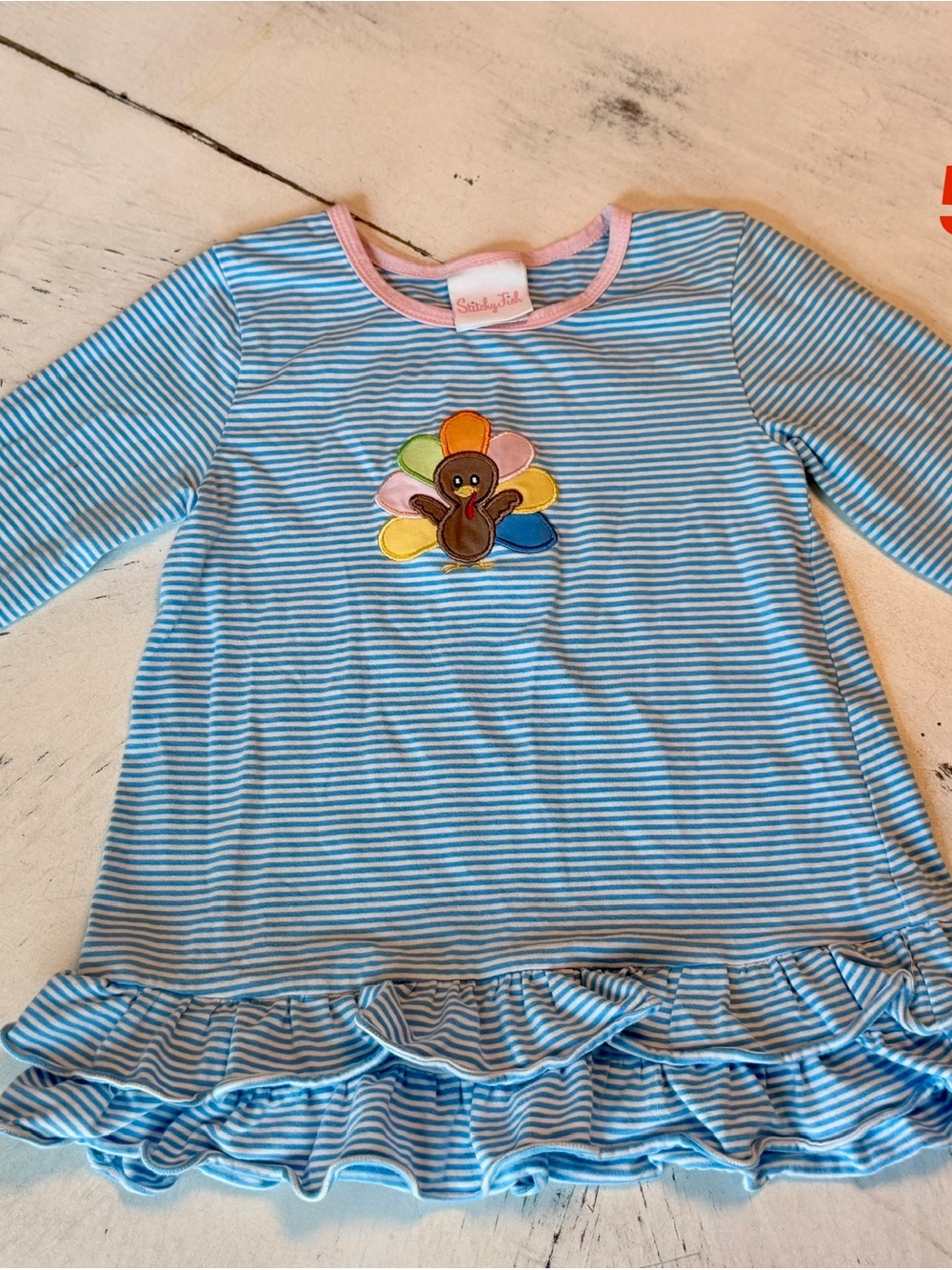 Thanksgiving Blue Stripe Ruffle Kids Tunic with Turkey Applique